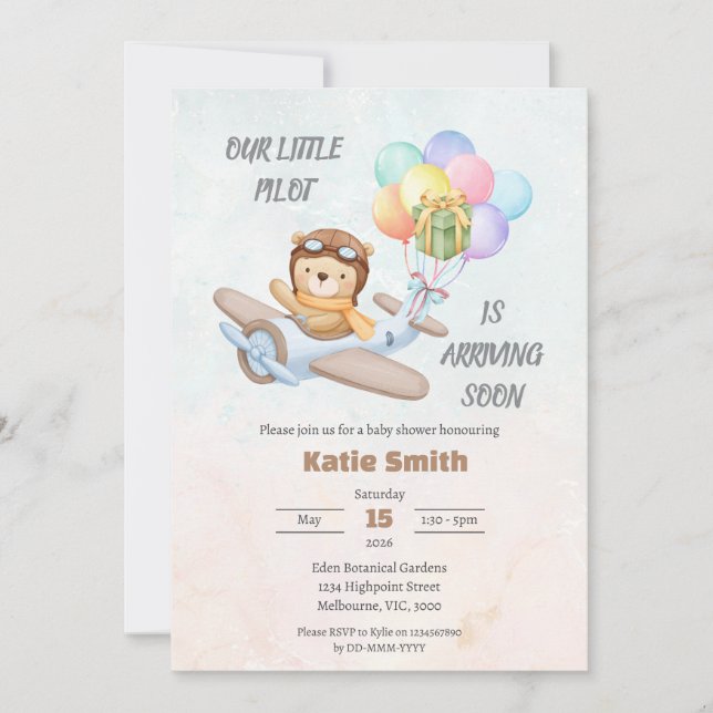 Pilot Teddy Bear Baby Shower Invitation Einladung (Vorderseite)