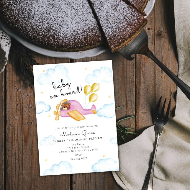 Pilot Teddy Bear Ballon Flugzeug Babydusche Einladung (Pilot Teddy Bear Balloon Airplane Baby Shower Invitation)