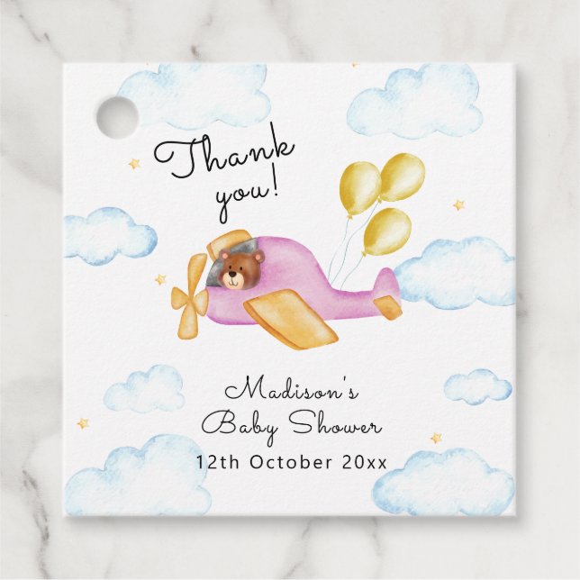 Pilot Teddy Bear Balloon Airplane Baby Shower  Geschenkanhänger (Vorderseite)