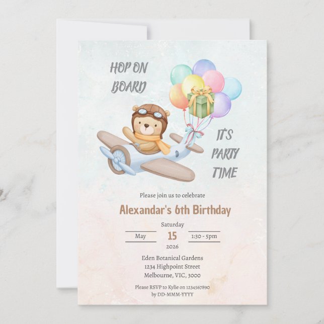 Pilot Teddy Bear Birthday Invitation Einladung (Vorderseite)