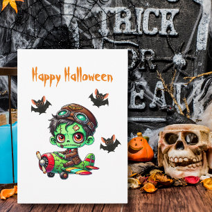 Pilot Zombie fliegt Flugzeug & Fledermaus Lustiges Postkarte