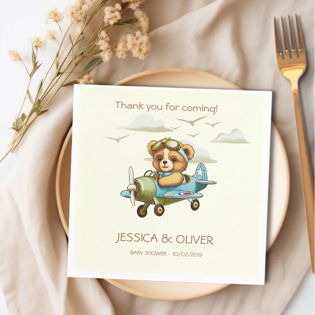 Pilotin für Wasserfarbenflugzeuge Teddy Bear Serviette (Whimsical Watercolor Airplane Pilot Teddy Bear Napkins)