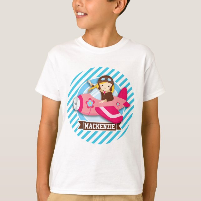 Pilotprogramm für Mädchen in rosa Flugzeug; Blaue  T-Shirt (Vorderseite)