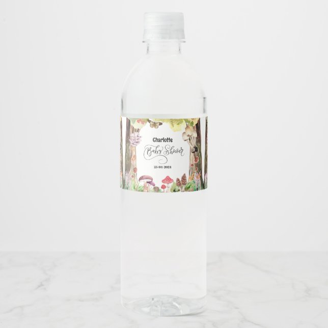 Pilz-Babydusche Waldwald Wasserflaschenetikett (Vorderseite)