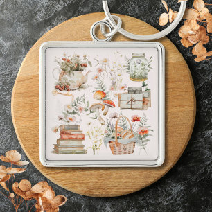 Pilz-Blumen-Whimsical-Cottagecore-Kunst mit Bücher Schlüsselanhänger