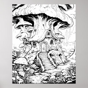 Pilz-Feenhäuschen Fantasy-Malposter Poster