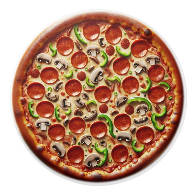 Pilz-, Grüner Paprika- und Pepperoni-Pizza Keramikknauf (Vorderseite)