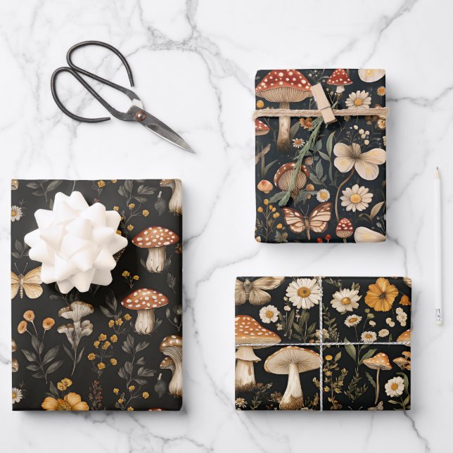 Pilz- und Blume-Kernmuster Geschenkpapier Set (Vorderseite)