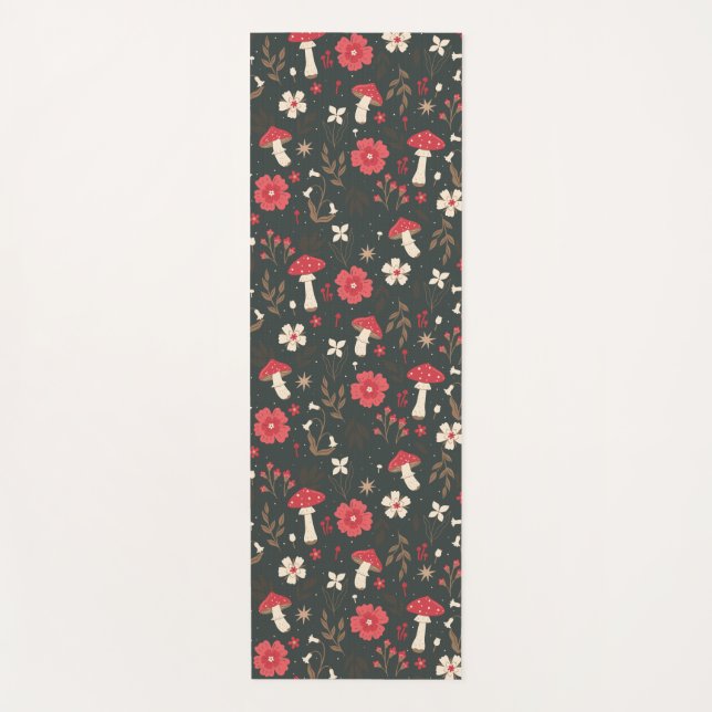 Pilzblumen dunkle botanische Hütte Yogamatte (Vorderseite)