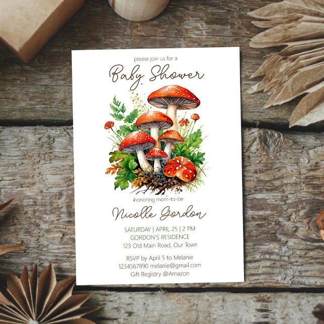 Pilze aus Wilden Wäldern Babydusche Einladung (Wild forest red mushrooms green fern baby shower invitation editable template instant download )