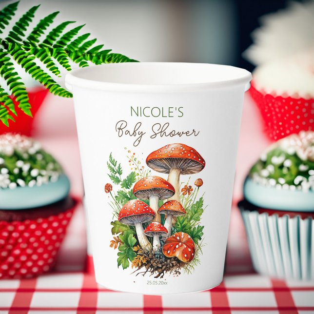 Pilze aus Wilden Wäldern Babydusche gedruckte Vorl Pappbecher (Wild forest red mushrooms green fern baby shower printed template paper cups personalized decor)
