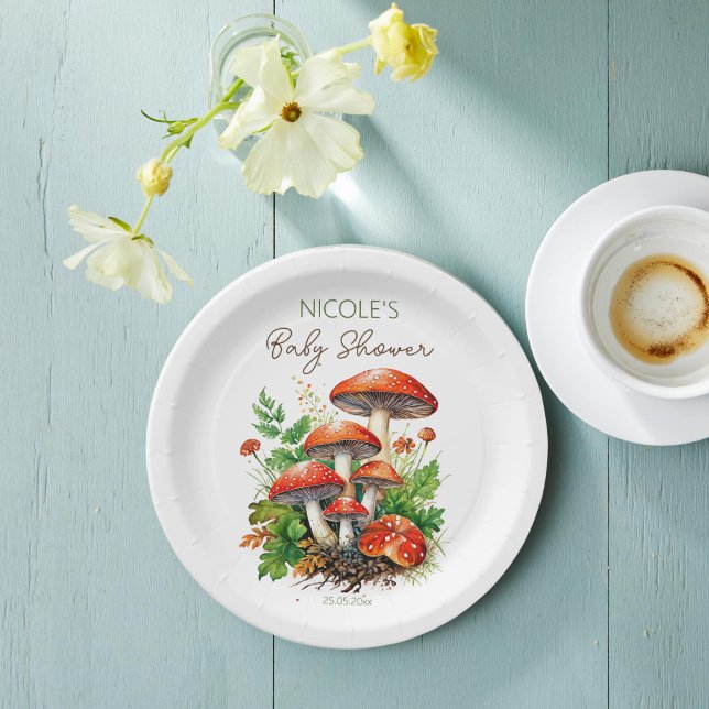 Pilze aus Wilden Wäldern Babydusche gedruckte Vorl Pappteller (Wild forest red mushrooms green fern baby shower printed paper plates template custom  table decor)