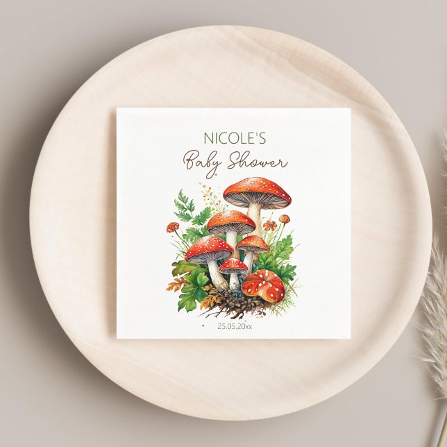 Pilze aus Wilden Wäldern Babydusche gedruckte Vorl Serviette (Wild forest red mushrooms fern baby shower monogram printed template napkins personalized decor)