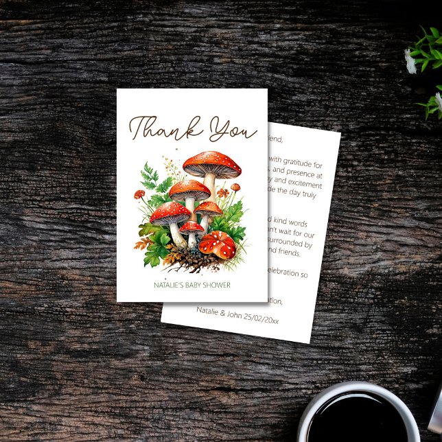 Pilze aus Wildwald Babydusche Dankeskarte (Wild forest red mushrooms green fern baby shower thank you card enchanted forest magic mushroom)