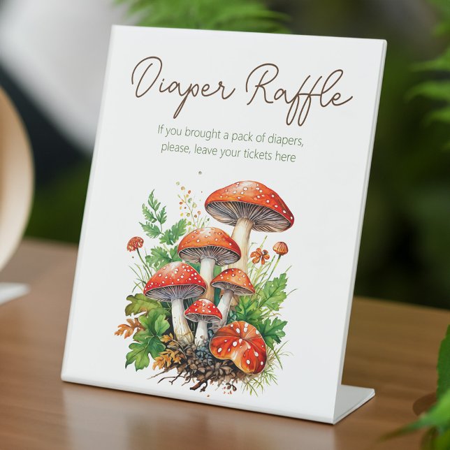 Pilze aus Wildwald Babydusche-Windelraffinerie Sockelschild (Wild forest mushrooms baby shower diaper raffle pedestal sign personalized table decor)