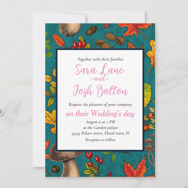 Pilze, Blätter, Nüsse und Beeren im Herbst auf bla Einladung (Vorderseite)