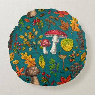 Pilze, Blätter, Nüsse und Beeren im Herbst auf bla Rundes Kissen