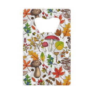 Pilze, Blätter, Nüsse und Beeren im Herbst auf Wei Geldbeutel Flaschenöffner