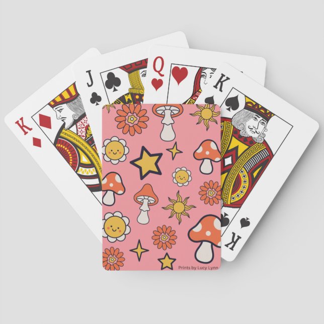 Pilze, Blume und Sterne Pink Playing Cards Spielkarten (Rückseite)