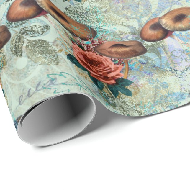 Pilze Brown Woodland Antike Rose Blaue Minze Geschenkpapier (Rolleneckpunkt)