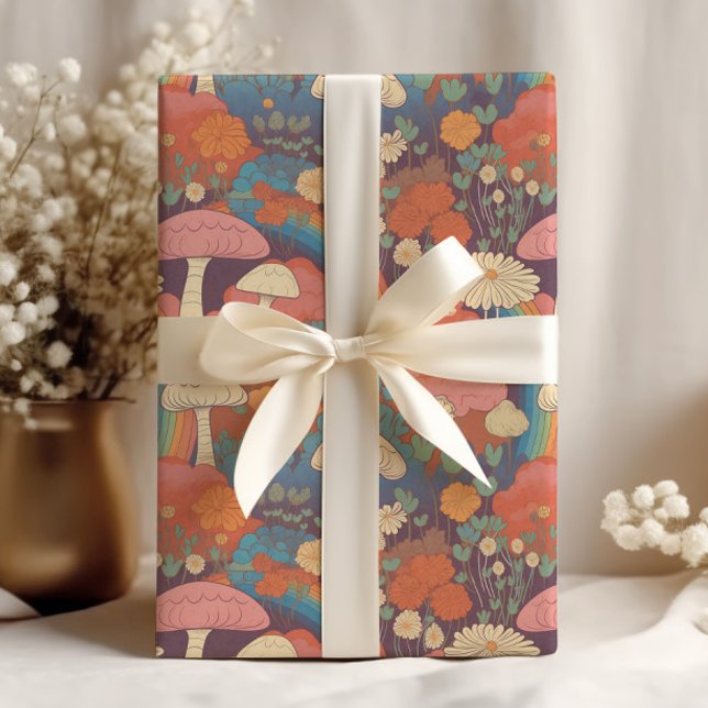Pilze-Cocktecore Orange Brown Retro Geschenkpapier (Retro mushrooms and daisies wrapping paper)