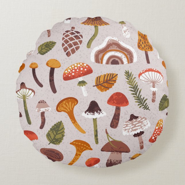 Pilze im Herbst, Blätter: Vintag wiederholen. Rundes Kissen (Vorderseite)