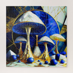 Pilze in Blau und Gold Weißer Marmor Surreal Puzzle