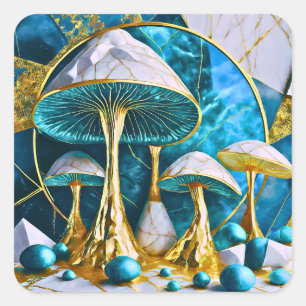 Pilze in blauer und goldener geometrischer Surreal Quadratischer Aufkleber