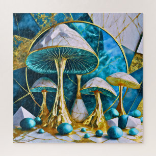 Pilze in Blaugrün Gold Weiß Marmor Surreal  Puzzle