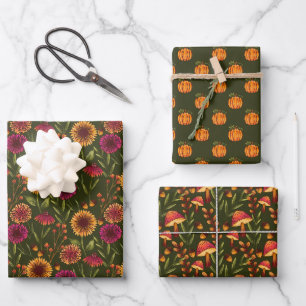 Pilze, Kürbis und Sonnenblumen auf dunkelgrünen Fl Geschenkpapier Set