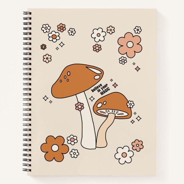 Pilze und Blume Erdtöne Beige Retro 70er Notizbuch (Vorderseite)