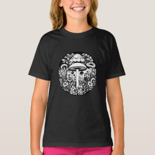 Pilze und Blume in Schwarz und Weiß T-Shirt