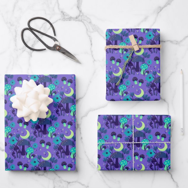 Pilze und Blumen - Lila Heidelbeere Geschenkpapier Set (Vorderseite)