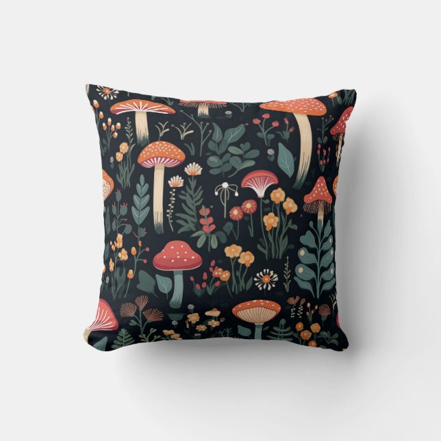 Pilze und Folien auf schwarzem Hintergrund Kissen (Vorderseite)