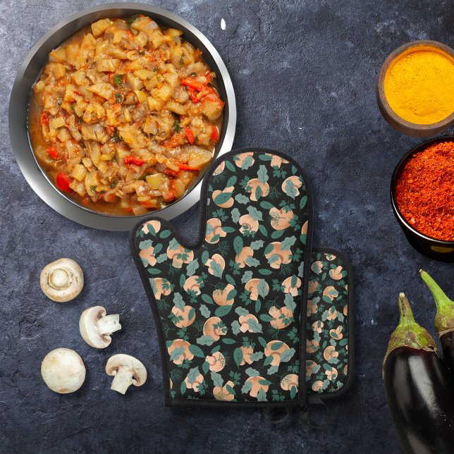 Pilze und weiche Grüntöne schwarz Ofenhandschuh & Topflappen-Set (Von Creator hochgeladen)