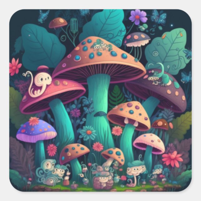 Pilzelfen im Feld Quadratischer Aufkleber (Vorderseite)