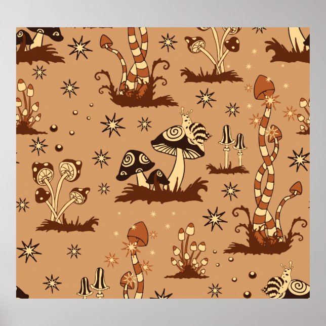 Pilzfantasie, Vintage Waldtapete. Poster (Vorne)