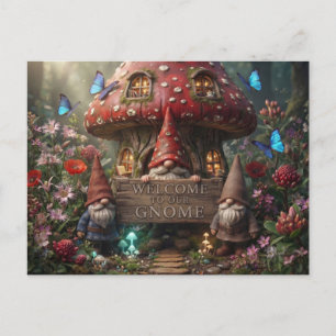 Pilzhaus mit Gnome und Willkommensschild Postkarte