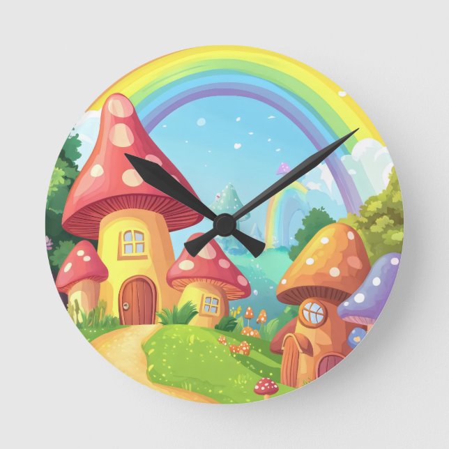 Pilzhäuser und Regenbogen Runde Wanduhr (Vorderseite)