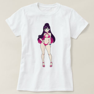 Pin-Up-Anime-Mädchen im rosa Bikini mit Ausschnitt T-Shirt