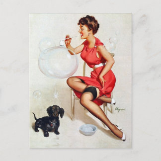Pin-Up beim Seifenblasen Postkarte