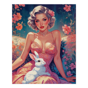 Pin-Up-Blumenbild süßer Osterhase Poster