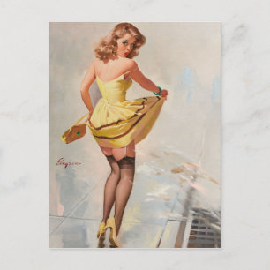 Pin-Up-Girl am regnerischen Tag Postkarte
