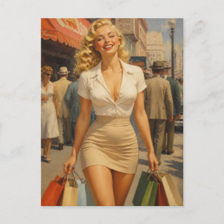 Pin-Up-Girl aus den 1950er Jahren beim Einkaufen i Postkarte