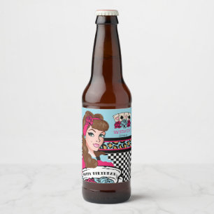 Pin-up-Girl, kariert u. Leopard Bierflaschenetikett
