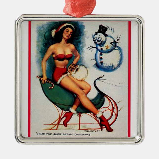 Pin Up Girl on Sleigh Ornament Aus Metall (Vorne)