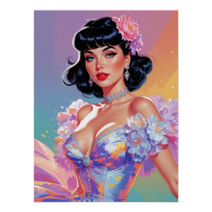 Pin-Up mit schwarzen Haaren und Pony - Florale Ele Poster