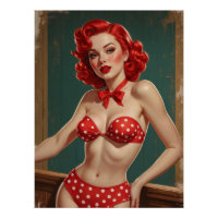 Pin-Up-Plakat mit roten Haaren und gepunktetem Bik
