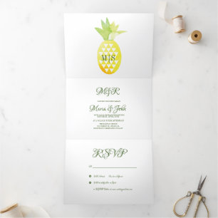Pina Aquarell Ananas Frucht Tropic Hochzeit Dreifach Gefaltete Einladung
