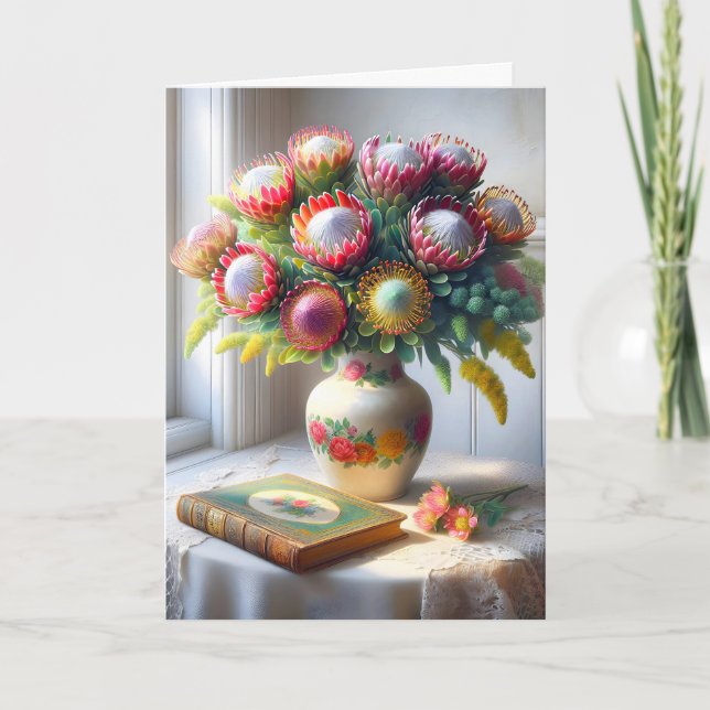 Pincushion Protea Bouquet mit altem Buch Karte (Vorderseite)